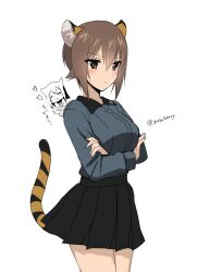 Rule 34 | 1girl, animal ears, black skirt, blush, breasts, brown eyes, brown hair, closed mouth, crossed arms, fake animal ears, fake tail, girls und panzer, kuromorimine military uniform, large breasts, military uniform, miniskirt, nishizumi maho, saikawa yusa, short hair, signature, simple background, skirt, solo, tail, tiger ears, tiger tail, white background