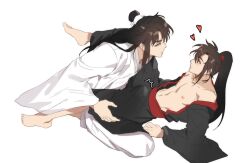Rule 34 | 2boys, ^^^, bare pectorals, bare shoulders, barefoot, black hair, black hanfu, blush, brown eyes, brown hair, bulge, chinese clothes, closed mouth, collarbone, full body, groin, hair tie, hand on another&#039;s thigh, hanfu, heart, highres, jujeop, korean commentary, lan wangji, leg grab, long hair, long sleeves, looking at another, lying, male focus, modao zushi, multiple boys, navel, nipples, off shoulder, open clothes, open robe, pectorals, ponytail, robe, sidelocks, simple background, sitting, spread legs, topknot, wei wuxian, white background, white hanfu, wide sleeves, xiao guan (headdress), yaoi, yellow eyes