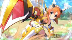 1girl arm_support blue_eyes blurry breasts cleavage closed_mouth cosplay day depth_of_field detached_sleeves dust_cloud foreshortening game_cg headgear highres higurashi_no_naku_koro_ni higurashi_no_naku_koro_ni_mei holding holding_sword holding_weapon lens_flare looking_at_viewer medium_breasts non-web_source official_art orange_hair outdoors reaching reaching_towards_viewer ryuuguu_rena senki_zesshou_symphogear short_hair sleeveless smile solo sparkle squatting sword symphogear_pendant tachibana_hibiki_(symphogear) tachibana_hibiki_(symphogear)_(cosplay) tree v-shaped_eyebrows weapon