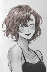 Rule 34 | 1girl, absurdres, alternate hair length, alternate hairstyle, black camisole, bluish gray cat, blush, camisole, closed eyes, commentary, facing viewer, gundam, gundam suisei no majo, highres, open mouth, red hair, short hair, smile, solo, suletta mercury, thick eyebrows, upper body
