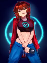 1girl :p absurdres alternate_costume benzbt black_shirt blue_background blue_pants breasts checkmark crop_top friday_night_funkin&#039; girlfriend_(friday_night_funkin&#039;) highres holding holding_microphone holding_own_wrist hood hoodie large_breasts looking_at_viewer microphone midriff navel open_clothes open_hoodie pants red_eyes red_hair red_hoodie shirt solo standing tongue tongue_out