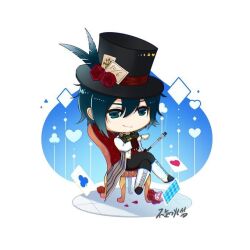 1boy artist_request black_hair black_pants blood_dupre chibi chibi_only crossed_legs formal_clothes full_body green_eyes hat heart_no_kuni_no_alice light_smile mad_hatter_(alice_in_wonderland) male_focus non-web_source pants short_hair sitting solo suit top_hat white_suit