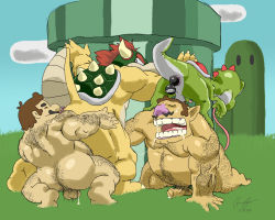 4boys anus bara bowser censored furry furry_male koopa male_focus mario mario_(series) multiple_boys nintendo nude outdoors penis sky super_mario_bros._1 wario what yaoi yoshi