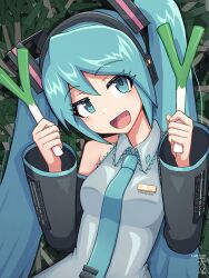 1girl aqua_eyes aqua_hair aqua_necktie black_sleeves collared_shirt commentary_request detached_sleeves digiral food food-themed_background grey_shirt hair_ornament hands_up hatsune_miku headphones highres holding holding_food holding_spring_onion holding_vegetable long_hair long_sleeves looking_at_viewer necktie open_mouth shirt sleeveless sleeveless_shirt smile solo spring_onion twintails upper_body vegetable very_long_hair vocaloid