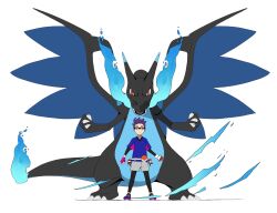 1boy belt black-framed_eyewear black_leggings black_shirt blue_fire blue_shoes charizard closed_mouth fire gen_1_pokemon glasses gloves grey_shorts highres holding holding_poke_ball holster leggings looking_at_viewer male_focus male_protagonist_(pokemon_champions) mega_charizard_x mega_pokemon nintendo poke_ball poke_ball_(basic) pokemon pokemon_(creature) pokemon_champions psaber97 shirt shoes short_hair shorts smile standing undershirt white_background