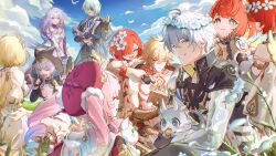 3boys 6+girls abs aglaea_(honkai:_star_rail) anaxa_(honkai:_star_rail) animal_ears antenna_hair aqua_hair arm_tattoo armlet armor black_choker black_coat black_gloves black_shirt blonde_hair blue_cape blue_eyes blue_hair blue_sky book braid cape castorice_(honkai:_star_rail) cat_ears cat_girl chest_tattoo chimera_(honkai:_star_rail) choker cipher_(honkai:_star_rail) coat commentary_request dress facial_tattoo fingerless_gloves flower flower_wreath gloves gold_necklace gradient_hair hair_between_eyes hair_flower hair_ornament hat highres holding holding_book honkai:_star_rail honkai_(series) hyacine_(honkai:_star_rail) jewelry laurel_crown medium_hair mimisuke37 multicolored_hair multiple_boys multiple_girls mydei_(honkai:_star_rail) necklace open_clothes open_coat pauldrons phainon_(honkai:_star_rail) pink_hair purple_eyes purple_hair red_hair red_hat red_tattoo shirt short_hair shoulder_armor side_braid single_glove single_pauldron sky tattoo tiara toned toned_male trianne_(honkai:_star_rail) tribbie_(honkai:_star_rail) trinnon_(honkai:_star_rail) white_coat white_dress white_hair yellow_eyes