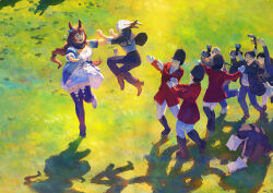8+boys animal_ears blue_eyes bow braid braided_ponytail brown_hair commentary dress ear_bow english_commentary highres horse_ears horse_girl horse_tail jockey jumping long_hair nase_fumino photographer running single_braid super_creek_(umamusume) tail take_yutaka umamusume umamusume:_cinderella_gray white_dress ye_fan
