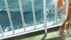 absurdres artist_name banishment commentary_request day highres lifebuoy no_humans ocean original outdoors railing rope scenery shadow signature sunlight swim_ring water