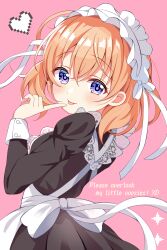 1girl :p alternate_costume black_dress commentary_request dress english_text enmaided finger_to_mouth gochuumon_wa_usagi_desu_ka? hair_between_eyes heart highres hoto_cocoa juliet_sleeves light_blush long_sleeves looking_at_viewer maid maid_day maid_headdress medium_hair orange_hair pink_background puffy_sleeves purple_eyes sakaki333 simple_background smile solo tongue tongue_out