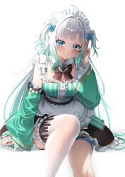 1girl absurdres apron asymmetrical_legwear blue_bow blue_eyes blush bow bowtie brown_bow brown_bowtie buckle center_frills closed_mouth commentary detached_collar detached_sleeves dress fang frilled_dress frilled_thighhighs frills ghostenjoyerguy7007 gradient_hair green_dress green_hair green_skirt hair_bow hair_ornament hairclip hand_up hashtag-only_commentary heart heart-shaped_buckle highres indie_virtual_youtuber long_hair looking_at_viewer maid maid_headdress mint_fantome mint_fantome_(minto_2.0) multicolored_hair pointy_ears short_hair sidelocks simple_background single_thighhigh sitting skin_fang skirt sleeveless sleeveless_dress smile solo striped_clothes striped_dress thigh_strap thighhighs triangular_headpiece two_side_up uneven_legwear vertical-striped_clothes vertical-striped_dress very_long_hair virtual_youtuber waist_apron wavy_hair white_apron white_background white_hair white_thighhighs wide_sleeves x_hair_ornament