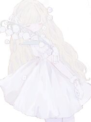 1girl closed_eyes cowboy_shot dress flower gloves hair_flower hair_ornament highres holding holding_flower lilium_susan lily_of_the_valley long_hair original puffy_short_sleeves puffy_sleeves short_sleeves solo standing white_background white_dress white_flower white_gloves white_theme