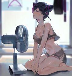 1girl absurdres black_hair blurry blurry_background blush breasts commentary cone_hair_bun diagonal_bangs double_bun electric_fan grey_shorts grey_tank_top hair_bun hair_over_one_eye han_juri highres hot large_breasts multicolored_hair parted_lips pink_eyes pink_hair shorts si_(sitisi_28) sitting solo street_fighter street_fighter_iv_(series) sweat tank_top thighs two-tone_hair window