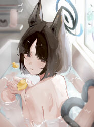 1girl 1other animal_ears bathing bathroom black_eyes black_hair blue_archive blunt_ends blush cat_ears cat_girl cat_tail closed_mouth coa_(35_seno) commentary completely_nude from_behind highres holding holding_toy in_bathtub kikyou_(blue_archive) light_smile looking_at_viewer medium_hair multiple_tails nude parted_bangs pov rubber_duck shared_bathing sitting tail toy two_tails