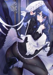 1girl anntan apron ass black_dress black_pantyhose blue_eyes blue_hair braid dress hair_ribbon hat highres hololive hololive_english leg_lift low_twin_braids maid_apron mary_janes mob_cap official_alternate_costume official_alternate_hairstyle open_mouth ouro_kronii ouro_kronii_(maid) pantyhose ribbon shoes socks solo twin_braids virtual_youtuber white_apron white_ribbon white_socks
