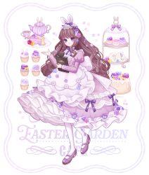 1girl absurdres animal_ears ari_(oonmnmooo) artist_name back_bow bow brown_hair cake cake_slice commentary cup cupcake dessert dress easter english_text fake_animal_ears flower food full_body hair_flower hair_ornament highres holding holding_menu juliet_sleeves long_sleeves macaron menu original pantyhose plate puffy_sleeves purple_dress purple_eyes purple_shoes purple_theme rabbit_ears shoes sleeves_past_wrists solo sweets symbol-only_commentary teacup teapot watermark white_background white_pantyhose