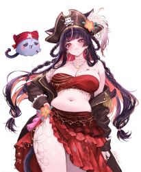 1girl :3 animal_ears arm_tattoo bandana bandeau bare_shoulders black_hair blush body_jewelry body_markings braid breasts brown_coat cat_ears cat_girl cat_tail cleavage coat coat_partially_removed colored_inner_hair commentary cowboy_shot earrings fingernails flower flower_tattoo frilled_skirt frills hand_on_own_hip hat hat_flower highres hoop_earrings indie_virtual_youtuber jewelry large_breasts leg_tattoo light_smile lips long_hair long_skirt long_sleeves looking_at_viewer luvei_(vtuber) midriff multicolored_hair nail_polish navel necklace open_clothes open_coat pink_hair pirate pirate_hat red_bandana red_bandeau red_eyes red_nails red_skirt red_tube_top shell shell_necklace side_slit simple_background skirt solo strapless tail tattoo tifa_(iluvei) tube_top twitter_username two-tone_hair virtual_youtuber white_background
