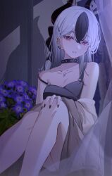 1girl absurdres black_hair black_nails blue_archive blue_flower collarbone demon_horns ear_piercing flower hair_ornament hairclip hand_on_own_knee highres horns jewelry kayoko_(blue_archive) kayoko_(dress)_(blue_archive) looking_at_viewer mole mole_on_neck multicolored_hair nail_polish necklace off_shoulder official_alternate_costume oyaji_hime parted_lips piercing red_eyes reflection shadow sitting solo strap_slip streaked_hair studded_choker two-tone_hair white_hair