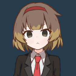 Rule 34 | 1girl, :&lt;, black jacket, blue background, brown eyes, brown hair, closed mouth, commentary, cropped, hairband, highres, jacket, lobotomy corporation, looking at viewer, malkuth (project moon), multicolored hair, necktie, project moon, red hairband, red necktie, shirt, short hair, simple background, solo, synaaap, white shirt