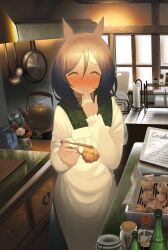 1girl ^_^ absurdres animal_ears apron ashinowoto black_hair blush bottle cabinet chicken_(food) chopsticks closed_eyes closed_mouth commentary_request covering_own_mouth eishin_flash_(umamusume) facing_viewer feeding fried_chicken frying_pan highres holding holding_chopsticks horse_ears horse_girl horse_tail indoors jar kappougi kettle kitchen ladle medium_hair nose_blush official_alternate_hairstyle paper plate solo standing swept_bangs tail umamusume wavy_hair window