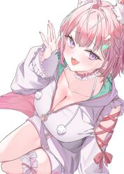 Rule 34 | 1girl, :3, animal ears, antenna hair, arm cutout, blush, braid, breasts, choker, cleavage, collarbone, extra ears, fang, fingernails, frilled choker, frills, green hoodie, hakui koyori, hakui koyori (summer), hanamaru tsubaki, highres, hololive, hood, hoodie, huge breasts, long sleeves, looking at viewer, medium hair, nail polish, open mouth, pink choker, pink eyes, pink hair, pink nails, pom pom (clothes), simple background, sitting, skin fang, smile, solo, tail, thigh strap, thighs, two-tone choker, two-tone hoodie, virtual youtuber, white background, white choker, white hoodie, wolf ears, wolf girl, wolf tail