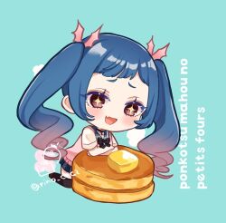 +_+ 1girl :d black_bow black_choker black_thighhighs blue_background blue_hair blue_sailor_collar blue_skirt bow brown_eyes brown_hair brown_shoes butter chibi choker commentary_request fang food full_body gradient_hair kneeling looking_at_viewer multicolored_hair open_mouth original pancake pancake_stack pleated_skirt rino_cnc romaji_text sailor_collar school_uniform serafuku shirt shoes short_sleeves simple_background skirt smile solo sweater_vest thighhighs twintails twitter_username white_shirt