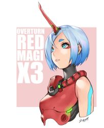 1girl bare_shoulders blue_eyes blue_hair female_focus glowing gradient_hair hichi horns light_blue_hair looking_up magi_(overturn) multicolored_hair overturn parted_lips short_eyebrows short_hair signature solo turtleneck two-tone_background
