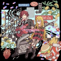 1boy 1girl bad_id bad_twitter_id belt black_footwear black_shirt blonde_hair boots burger commission cup daffodil disposable_cup drinking_straw fast_food flower food french_fries grey_pants guitar headphones heart_(organ) highres holding holding_guitar holding_instrument instrument lauren_iroas long_hair long_sleeves meremero nijisanji original pants pantyhose pill ponytail red_hair shirt sitting soda striped_clothes striped_sweater sweater syringe torn_clothes torn_pantyhose virtual_youtuber
