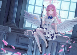 Rule 34 | 1girl, absurdres, angel wings, arm support, backlighting, black shoes, blue archive, blue bow, blue bowtie, bow, bowtie, breasts, buttons, capelet, closed mouth, commentary request, crack, cracked glass, cracked wall, dress, dress bow, dutch angle, expressionless, falling petals, frilled dress, frills, gold trim, gun, halo, high heels, highres, holding, holding gun, holding weapon, indoors, korean commentary, lanchester smg, long hair, looking at viewer, low wings, medium breasts, mika (blue archive), pantyhose, petals, pink hair, pink halo, pink petals, pumps, purple scrunchie, scrunchie, shoes, sidelocks, sitting, solo, soul (smfa2555), submachine gun, two-sided dress, two-sided fabric, underbust, very long hair, weapon, white capelet, white dress, white pantyhose, white wings, window, wing ornament, wings, wrist scrunchie, yellow eyes