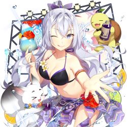 1girl animal bikini black_bikini flower grey_eyes grey_hair long_hair multicolored_eyes purple_eyes roselia_violet salt_(salty) sarong swimsuit uchi_no_hime-sama_ga_ichiban_kawaii