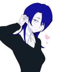 1girl ado_(utaite) atashi_wa_mondaisaku black_sweater blue_hair commentary hand_up heart long_hair long_sleeves ohiyaglass simple_background solo sweater tanaka_keiko_(ado) upper_body white_background