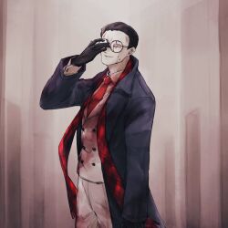 1boy black_gloves black_hair blood blood_on_eyewear blood_on_face blue_coat coat collared_shirt cowboy_shot glasses gloves gubo_(project_moon) hair_slicked_back hand_up highres lapels leviathan_(project_moon) looking_at_viewer notched_lapels pants parted_lips project_moon red_scarf round_eyewear scarf shirt solo vest white_pants white_shirt white_vest wide_sleeves yatsumeunagi