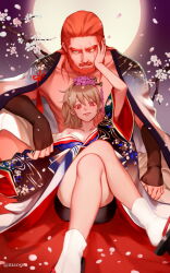 Rule 34 | 1boy, 1girl, alternate costume, beard, black gloves, blue eyes, brown hair, cherry blossoms, crossed legs, facial hair, fingerless gloves, flower, full moon, genderswap, genderswap (ftm), genderswap (mtf), gintama, gloves, hair flower, hair ornament, japanese clothes, kagura (gintama), kaguraton, kimono, long hair, maosen, moon, okita sougo, okita souko, orange hair, petals, ponytail, red eyes, red hair, sandals, scar, scar across eye, scar on face, sitting, smile, tabi
