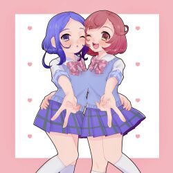 2girls ;d ayase_naru blue_eyes blue_hair blue_skirt blue_sweater_vest border bow brown_eyes cheek-to-cheek collared_shirt cowboy_shot gyaru_v heads_together heart highres looking_at_viewer mea_(meari_mr) miniskirt multiple_girls one_eye_closed open_mouth pink_border pink_bow pink_hair plaid_clothes plaid_skirt pleated_skirt pretty_rhythm pretty_rhythm_rainbow_live pretty_series rinne_(pretty_rhythm) school_uniform shirt short_hair skirt smile standing sweater_vest v white_shirt