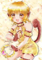 Rule 34 | absurdres, animal ears, bare shoulders, blonde hair, blush, braid, breasts, choker, collarbone, fingerless gloves, fong pudding, frilled thigh strap, fur gloves, gloves, highres, holding, holding weapon, medium breasts, mew pudding, monkey ears, monkey girl, monkey tail, open mouth, puring ring, shirt, short hair, smile, strapless, strapless shirt, tail, thigh strap, tokyo mew mew, tsukishiro yayoi (yumeir0), weapon, yellow eyes