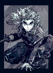 Rule 34 | 1boy, black border, border, bright pupils, closed mouth, commentary request, demon slayer uniform, forked eyebrows, full body, grey background, greyscale, halftone, hand on ground, highres, holding, holding sword, holding weapon, kimetsu no yaiba, kuidaorearaku, long hair, long sleeves, looking at viewer, male focus, monochrome, rengoku kyoujurou, serious, signature, solo, spiked hair, sword, watermark, weapon, white pupils