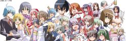 2boys 6+girls ahoge apron ayasaki_hayate back-to-back bare_back bare_shoulders blonde_hair blue_eyes blue_hair blush breasts brown_hair cat cover dress drill_hair folded_ponytail glasses green_eyes hayate_no_gotoku! highres interlocked_fingers japanese_clothes katsura_hinagiku kimono large_breasts long_hair looking_back maid_apron maid_headdress maria_(hayate_no_gotoku!) multiple_boys multiple_girls nishizawa_ayumu official_art pink_hair purple_hair red_eyes sanzen&#039;in_nagi sanzen&#039;in_yukariko school_uniform segawa_izumi short_hair smile suirenji_ruka tennousu_athena twintails yellow_eyes
