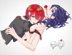 1boy 1girl amate_yuzuriha black_hair blue_hair blueberry chibi chibi_inset food food_in_mouth fruit green_eyes gundam gundam_gquuuuuux highres looking_at_viewer lying lying_on_person multicolored_hair necktie on_back red_eyes red_hair shirt short_hair short_sleeves shuji_ito simple_background sleeveless tank_top tomato two-tone_hair white_background wohaolana
