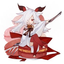 arm_at_side ass character_request chibi code009 convenient_leg crossed_legs flipped_hair food food_request fork full_body grin hair_over_one_eye holding holding_fork horns in_food japanese_clothes kimono leggings looking_at_viewer macaron no_shoes one_eye_covered oversized_object red_eyes red_leggings shanhai_jing_hua sharp_teeth simple_background sitting smile solo teeth white_background white_kimono wide_sleeves