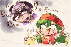 2others armor arms_behind_head aura bad_id bad_twitter_id black_hair black_hat black_sleeves breastplate chibi collared_shirt commentary_request cropped_torso crying crying_with_eyes_open dark_aura epaulettes fangs frilled_headwear green_hair hair_between_eyes hat headband highres hood hood_down hooded_jacket jacket len&#039;en long_hair mob_cap money money_bag money_gesture multiple_others nervous_smile open_clothes open_jacket open_mouth parted_lips pointy_ears purple_jacket purple_shirt red_headband shirt shitodo_kuroji single_sleeve sketch smile smirk sound_effects taira_no_fumikado tears teeth triangle_mouth wide-eyed yukkyon_kyon