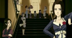 6+girls apron arm_rest backless_dress backless_outfit bara_to_tsubaki bara_to_tsubaki_4 black_eyes blank_eyes blue_dress bottle breasts brown_hair cleavage closed_eyes commentary_request crossed_arms curtains dress earrings flower forehead frown grey_hair hair_flower hair_ornament halterneck hand_fan harisen highres holding japanese_clothes jewelry long_dress maid maid_headdress mecha-tsubaki medium_breasts milk_bottle mita_etsuko mita_lefti mita_righti multiple_girls najimaki_shinobu naramura object_on_head official_art old old_woman photo_background pointing seiza sitting small_breasts stairs suwa_kuroe tsubakikoji_reiko tsubakikoji_saori tsubakikoji_shizuka tsugisara_ai underbust waist_apron wavy_hair window