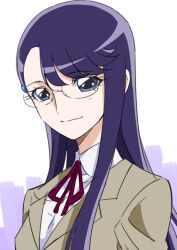 1girl blazer blue_eyes brown_jacket closed_mouth commentary dress_shirt glasses hair_ornament hairclip heartcatch_precure! jacket long_hair myoudou_gakuen_high_school_uniform neck_ribbon precure purple_hair red_ribbon ribbon school_uniform shirt solo tsukikage_oyama tsukikage_yuri upper_body white_shirt