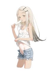 1girl arisu_syndrome armpit_crease bare_arms bare_shoulders blonde_hair blue_shorts clothes_lift colored_eyelashes cropped_legs cutoffs dark-skinned_female dark_skin denim denim_shorts flat_chest food forehead gakuen_idolmaster gradient_hair groin hair_ornament hairclip hands_up highres holding holding_food holding_popsicle idolmaster licking lifting_own_clothes light_blush long_hair looking_at_viewer melting_popsicle multicolored_hair navel nipples no_panties open_fly open_mouth orange_eyes parted_bangs popsicle presenting presenting_stomach see-through_clothes see-through_tank_top shinosawa_hiro shirt_lift shirt_tan short_shorts shorts sidelocks simple_background solo standing stomach sweat tan tank_top tanline tongue tongue_out variant_set wet wet_clothes white_background white_tank_top