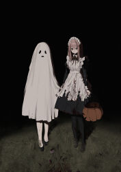 1girl 1other absurdres apron black_background black_dress black_shoes blood blood_on_clothes blood_on_face blood_on_hands bow bowtie collared_dress commentary dark dress film_grain ghost_costume grass hair_between_eyes halloween halloween_bucket halloween_costume highres jack-o&#039;-lantern long_hair long_sleeves maid_apron maid_headdress night original pink_hair pocket red_bow red_bowtie red_ribbon ribbon shadow sheet_ghost shoes standing torn_apron torn_clothes youichi_(45_01)