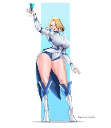 1girl blonde_hair blue_background blue_eyes boots breasts emma_frost fingernails full_body glass highres huge_breasts lips marvel marvel_rivals sharp_fingernails spartans_doodles thighs white_background
