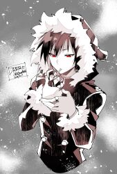 1boy arms_up buttons cigarette copyright_name cropped_torso dated durarara!! eromkk fur-trimmed_hood fur-trimmed_sleeves fur_trim hair_between_eyes highres holding holding_lighter hood hood_up hooded_jacket jacket jewelry lighter long_sleeves looking_down male_focus multiple_rings orihara_izaya red_eyes ring smoking solo twitter_username
