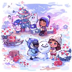 2boys 3girls :3 :d animal_crossing argyle_clothes argyle_sweater beamed_eighth_notes beanie black_eyes black_hair black_pants blue_hat blue_jacket blue_sweater blush boots border box brown_hair bush buttons candy candy_cane cat_girl christmas_ornaments christmas_tree closed_eyes closed_mouth cloud coat commentary cup earflap_beanie eighth_note english_commentary eyelashes fangs fence floral_print flower food fur-trimmed_boots fur-trimmed_coat fur-trimmed_jacket fur-trimmed_sleeves fur_trim furry furry_female furry_male gift gift_box gradient_sky green_eyes grey_footwear grey_sweater hat highres holding holding_cup house jacket long_hair long_sleeves looking_at_another mug multiple_boys multiple_girls music musical_note nintendo open_mouth outdoors pants penguin_boy pine_tree pink_boots pink_coat pink_hat pom_pom_(clothes) pom_pom_beanie purple_eyes red_flower red_skirt rosie_(animal_crossing) shooting_star short_hair sidelocks singing sitting skirt sky sleigh smile snow snowflake_print snowman standing star_(sky) starry_sky sunset sweater teeth tree tree_stump u_u umino-mari upper_teeth_only villager_(animal_crossing) wade_(animal_crossing) white_border white_flower white_hat white_sweater whitney_(animal_crossing) winter wolf_girl