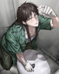 1boy absurdres black_eyes black_hair chamuring cheating_(competitive) collarbone dice facial_scar full_body glint gloves green_shirt grey_pants hair_between_eyes highres holding holding_dice indoors inspecting itou_kaiji kaiji kneeling long_hair male_focus open_clothes open_mouth open_shirt pants scar scar_on_cheek scar_on_face shirt short_sleeves sidelocks solo toilet toilet_stall undershirt white_gloves white_shirt