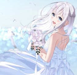 1girl absurdres bare_shoulders bird blue_eyes blush bow breasts dress flower highres holding holding_flower hominotsu long_hair looking_at_viewer open_mouth original seagull sleeveless smile solo white_bow white_dress white_hair