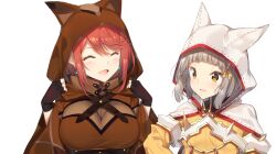Rule 34 | 2girls, animal ear hood, blonde hair, bodysuit, breasts, brown gloves, brown hood, closed eyes, commentary request, disguised pyra (xenoblade), earrings, fake animal ears, fingerless gloves, gloves, grey hair, hood, hood up, jewelry, large breasts, multiple girls, nia (xenoblade), open mouth, parted lips, pyra (xenoblade), red hair, red trim, sidelocks, simple background, smile, swept bangs, upper body, white background, white hood, xenoblade chronicles (series), xenoblade chronicles 2, yappen, yellow bodysuit