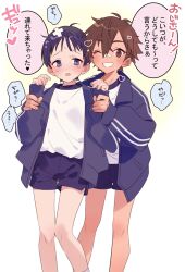 2boys bandaid bandaid_on_face bandaid_on_nose black_shorts blue_eyes blue_hair blue_jacket brown_eyes brown_hair fang gym_shirt gym_shorts gym_uniform hair_between_eyes hands_on_another&#039;s_hands hands_up highres jacket looking_at_viewer male_focus mobu_45 multiple_boys one_eye_closed open_clothes open_jacket open_mouth original shirt short_hair shorts speech_bubble tan trans white_shirt